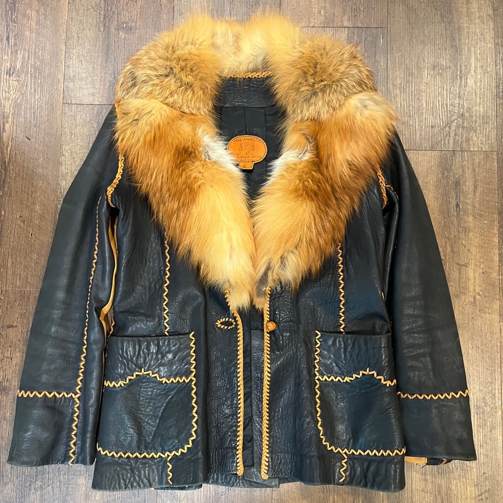 Vintage Black Calf Leather Jacket LUXURIOUS Real Red Fox Collar 70s inspired - 8